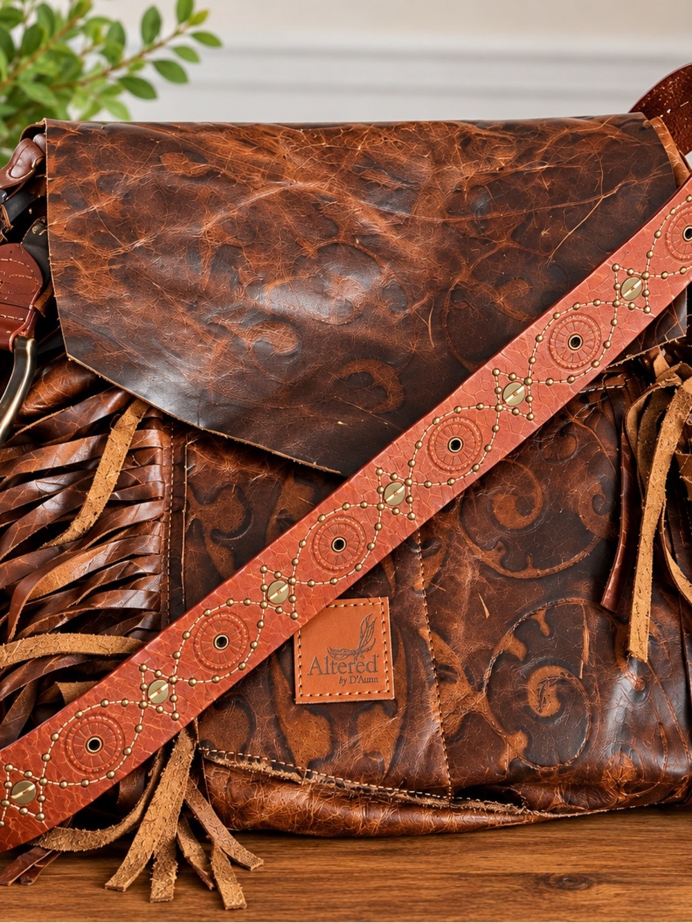 Altered by D’Ann. Vintage Brown Leather Fringe Crossbody Bag